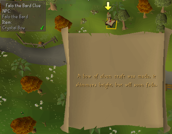 A clue hint being shown for an opened Falo the Bard clue